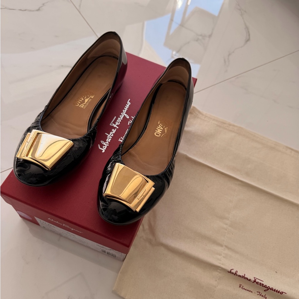 Full Set Salvatore Ferragamo Black Flats with Gold Buckle 8.5